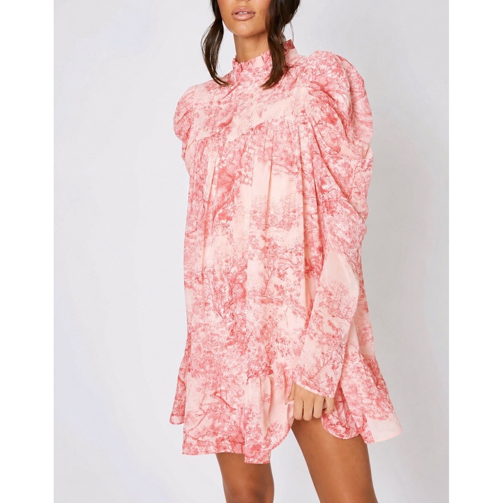 In The Style Babydoll Mini Dress 10 Pink Beige Toile High Neck Puff Sleeve Mock - Picture 2 of 14